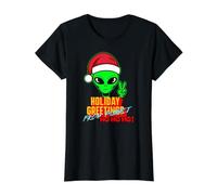 Camiseta Holiday Greetings from Planet Ho Ho Ho Alien Peace Camiseta gráfica económica, Mujer, Negro, XL