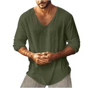 Camiseta Hombre Manga Larga de Algodón y Lino Casual Cuello en V Camisa Lino Hombre Estilo Básico Color Sólido Camisetas Mangas Larga para Hombres Ligero Transpirable Shirts Tops Ofertas