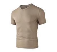 Camiseta Hombre Men's Casual Short Sleeved Bone Flower Solid Color V-Neck T-Shirt Fashion Breathable Comfortable Summer Versatile Top(Khaki,XL)
