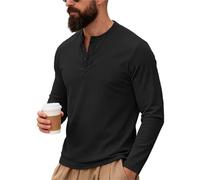 Camiseta Hombre Men's Long Sleeve Henley Shirts Spring Autumn Daily Casual Solid Color Pullover Tops Mens Fashion T Shirt(Black,L)