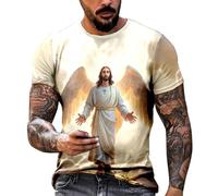 Camiseta Hombre Pascua Jesús Cruz Estampado Casual Manga Corta Cuello Redondo Alto Religioso, D-beige., XL