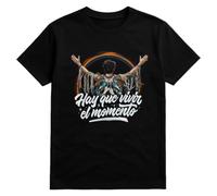 Camiseta Homenaje Manuel Carrasco, Color Negro, Diseño 'Hay Que Vivir el Momento', Arcoíris y Plumas (FR/ES, Letras, XXL, Regular, Regular)