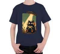 Camiseta infantil con diseño de gato UFO Alien Secuestro Japón Y2K, azul marino, 104
