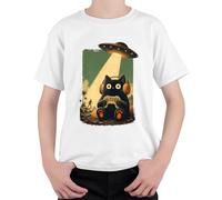 Camiseta infantil con diseño de gato UFO Alien Secuestro Japón Y2K, Blanco, 104