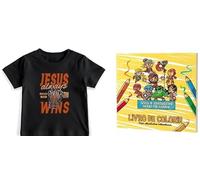 Camiseta Infantil De Algodão Jesus Sempre Vence Preto Tam 2 Com Livro De Colorir Com Atividades