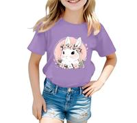 Camiseta Infantil de Manga Corta con Cuello Redondo y Estampado de Conejito de Pascua para niña, algodón Suave Transpirable, Regalo Divertido para Semana Santa, Talla 2-5 años (Purple, 1-2 Years)