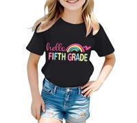 Camiseta informal con cuello de letras, manga corta para el comienzo del colegio, uso diario, actividades al aire libre, Negro , 8-9 años