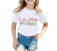 Camiseta informal con cuello de letras, manga corta para el comienzo del colegio, uso diario, actividades al aire libre, Blanco, 6-7 años