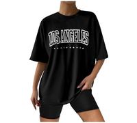 Camiseta informal con cuello redondo e impresión para mujer, mezcla de algodón suave, camiseta de verano de manga corta, corte regular, camisetas para mujer amor compatible con poder sexy, Negro , L