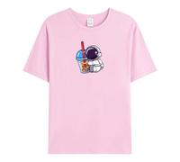 Camiseta informal de cuello redondo con estampado de astronautas 3D y manga corta para hombres y mujeres, de algodón puro, Rosa., L