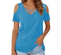 Camiseta informal de manga corta con cuello en V, ajuste holgado, cómodo, transpirable, para uso diario, básico, azul celeste, XL