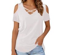 Camiseta informal de manga corta con cuello en V, ajuste holgado, cómodo, transpirable, para uso diario, básico, Blanco, L