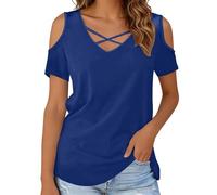 Camiseta informal de manga corta con cuello en V, ajuste holgado, cómodo, transpirable, para uso diario, básico, azul, S