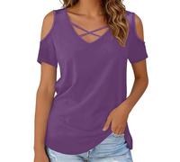 Camiseta informal de manga corta con cuello en V, ajuste holgado, cómodo, transpirable, para uso diario, básico, morado, S
