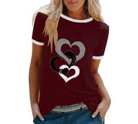 Camiseta informal de manga corta con cuello redondo para mujer con estampado de corazones, Vino, L