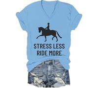 Camiseta informal de manga corta para amantes de la equitación Stress Less Ride More, Carolina Blue-v, L