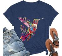Camiseta informal de manga corta para mujer con estampado en el cuello para un ajuste holgado, escote redondo, versátil, combinable para el día a día y el tiempo libre, marine, XXL