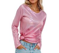 Camiseta informal de manga larga brillante con brillo metálico, corte holgado y blusa cómoda para el día a día., Rosa., XL