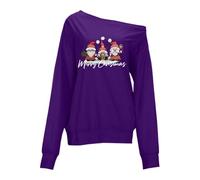 Camiseta informal de manga larga con estampado navideño para mujer, hombros asimétricos, ajuste holgado, suéter de vacaciones, bolso de mano, Color morado oscuro., XL