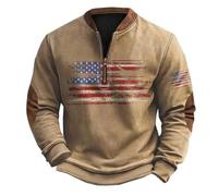 Camiseta informal de manga larga para hombre, sin capucha, con bolsillos, informal, a la moda, holgada, con estampado 3D de la bandera estadounidense, cuello con cremallera, manga larga, sudadera con