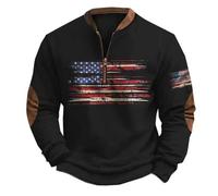 Camiseta informal de manga larga para hombre, sin capucha, con bolsillos, informal, a la moda, holgada, con estampado 3D de la bandera estadounidense, cuello con cremallera, manga larga, sudadera con