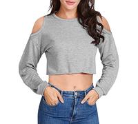 Camiseta informal de manga larga para mujer, hombros fríos, sueltos, cuello redondo, camiseta de manga larga, elegante, gris, XL