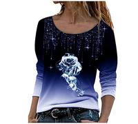 Camiseta informal de manga larga suelta cuello redondo casual blusas rosas estampadas moda camiseta top camiseta acanalada mujer, azul, M
