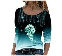 Camiseta informal de manga larga suelta cuello redondo casual blusas rosas estampadas moda camiseta top camiseta acanalada mujer, verde, XL