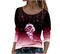 Camiseta informal de manga larga suelta cuello redondo casual blusas rosas estampadas moda camiseta top camiseta acanalada mujer, rojo, L