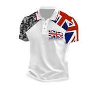 Camiseta Informal de Negocios con Estampado de Bandera del Reino Unido para Hombre, Manga raglán, Solapa con Botones y Estampado Festivo (White, XL)