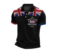 Camiseta Informal de Negocios con Estampado de Bandera del Reino Unido para Hombre, Manga raglán, Solapa con Botones y Estampado Festivo (Black, L) #189