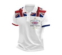 Camiseta Informal de Negocios con Estampado de Bandera del Reino Unido para Hombre, Manga raglán, Solapa con Botones y Estampado Festivo (White, L) #189