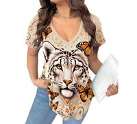 Camiseta Informal de Verano para Mujer Camisetas con Cuello en V y Estampado 3D de leopardos y Mariposas Jersey de Manga Corta con Estampado de Animales