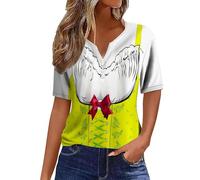 Camiseta informal para mujer con cuello en V, detalle de botones, estampado festivo de cerveza, para el día a día, modelo básico versátil, fácil de limpiar, para cualquier época del año, amarillo, XXL