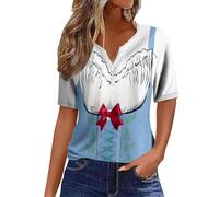 Camiseta informal para mujer con cuello en V, detalle de botones, estampado festivo de cerveza, para el día a día, modelo básico versátil, fácil de limpiar, para cualquier época del año, azul celeste