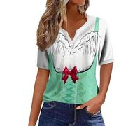 Camiseta informal para mujer con cuello en V, detalle de botones, estampado festivo de cerveza, para el día a día, modelo básico versátil, fácil de limpiar, para cualquier época del año, verde menta