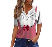 Camiseta informal para mujer con cuello en V, detalle de botones, estampado festivo de cerveza, para el día a día, modelo básico versátil, fácil de limpiar, para cualquier época del año, Rojo sandía