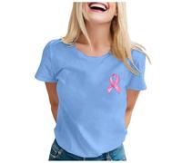 Camiseta informal para mujer con diseño único de cáncer de mama, cuello redondo, para el tiempo libre, primavera, verano, cómoda, elegante, ideal para looks cotidianos, azul claro, XL