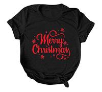 Camiseta informal para mujer, con estampado navideño, cuello redondo, manga corta, camiseta, túnica, blusa, raver, Negro , XXL