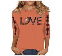 Camiseta informal para mujer con mangas tres cuartos y cuello redondo y letras de rugby impresas, 1 atuendo de negocios para mujer, naranja, 3XL