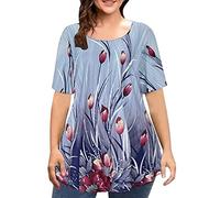 Camiseta informal para mujer, cuello redondo, estampado navideño, pendientes de neón, azul, L