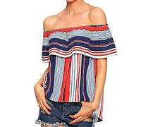 Camiseta informal para mujer, diseño a rayas, con hombros descubiertos, sexy, manga corta, elegante, suave, suelta, con imagen, rojo, XL