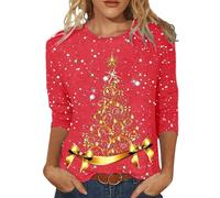 Camiseta informal para mujer, diseño de árbol de Navidad, manga 3/4, cuello en V, rojo, M