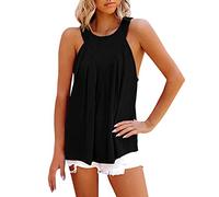 Camiseta informal sin mangas para mujer, sin mangas, sin mangas, para verano, plisada, holgada, blusa de playa, Negro , L