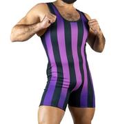 Camiseta interior de lucha for hombre, mono deportivo ajustado de rayas verticales moradas, mono de una pieza sin mangas for boxeo, triatlón, gimnasio, fitness, monos de levantamiento de pesas(3XL)