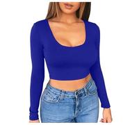 Camiseta interior de manga larga para mujer, de color liso, corte bajo, con ombligo expuesto, camiseta de manga larga para mujer, color neón, azul, S