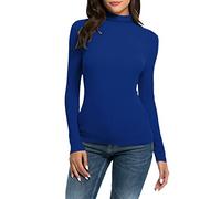 Camiseta interior de manga larga para mujer, manga larga, cuello alto, suave, elástica, ligera, térmica, de esquí y térmica, camiseta básica de corte ajustado, cuello alto, azul, large