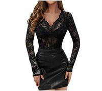 Camiseta Interior Mujer Manga Larga Encaje Cuello en V Color sólido Slim Fit Base Layer Top Tumblr Tops Casual Sexy Fiesta T-Shirt Camisa Primavera Verano Basic tee 2025