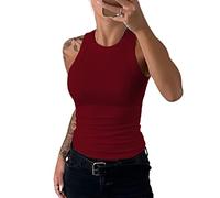 Camiseta Interior Mujer, Mujeres Cuello Halter Sin Mangas Camisetas Sin Mangas Casual Sólido Burdeos Rojo Racerback Chaleco De Cuello Redondo Moda Slim Fit Camisas Básicas Verano Sexy Crop Tops Pu