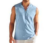 Camiseta interior para hombre, color negro, camiseta interior deportiva, informal, cuello de pico, con botones, transpirable, de secado rápido, sin mangas, monocolor, azul, XL